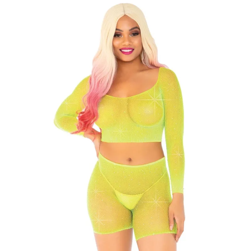 2 Pc Rhinestone Fishnet Crop Top and Biker  Shorts - One Size - Neon Yellow