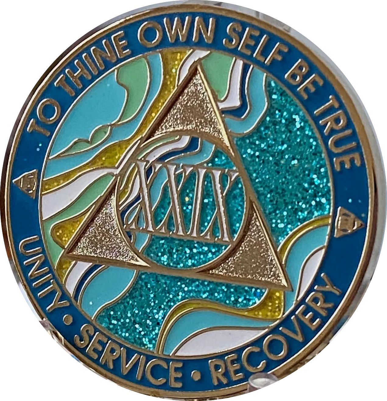 29 Year AA Medallion Elegant Caribbean Aqua Glitter Teal Marble Gold Sobriety Chip