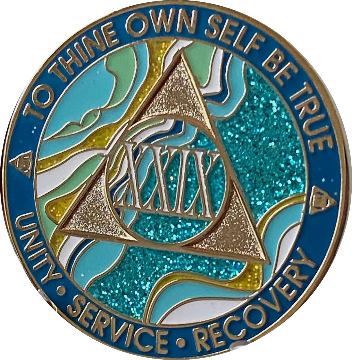 29 Year AA Medallion Elegant Caribbean Aqua Glitter Teal Marble Gold Sobriety Chip