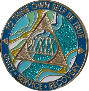 29 Year AA Medallion Elegant Caribbean Aqua Glitter Teal Marble Gold Sobriety Chip