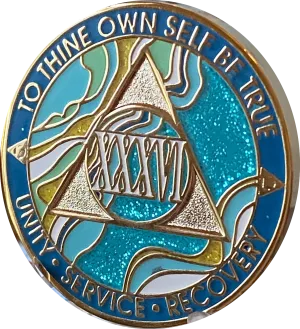 36 Year AA Medallion Elegant Caribbean Aqua Glitter Teal Marble Gold Sobriety Chip