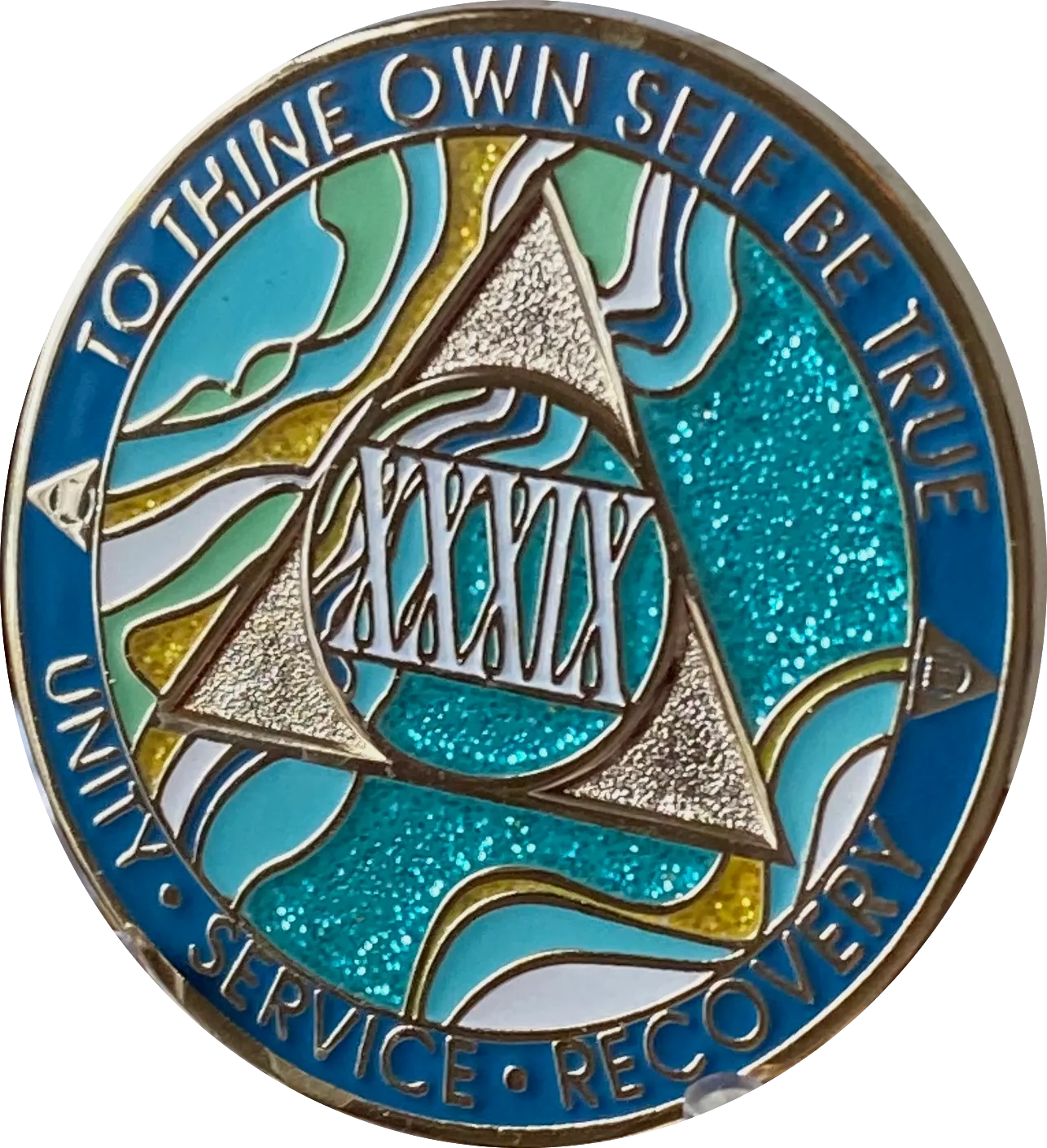 39 Year AA Medallion Elegant Caribbean Aqua Glitter Teal Marble Gold Sobriety Chip