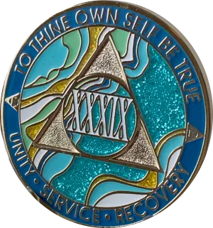 39 Year AA Medallion Elegant Caribbean Aqua Glitter Teal Marble Gold Sobriety Chip