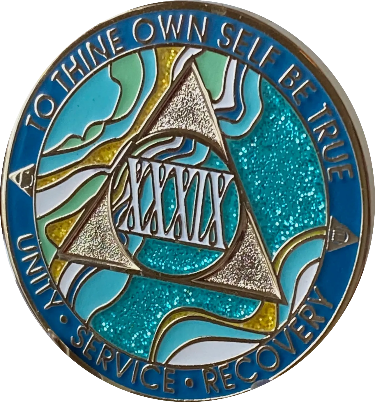 39 Year AA Medallion Elegant Caribbean Aqua Glitter Teal Marble Gold Sobriety Chip