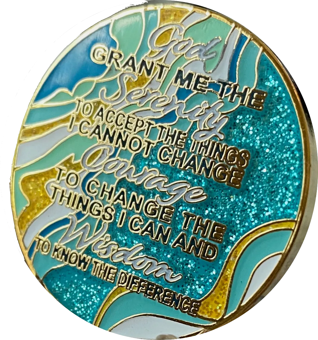 4 Year AA Medallion Elegant Caribbean Aqua Glitter Teal Marble Gold Sobriety Chip