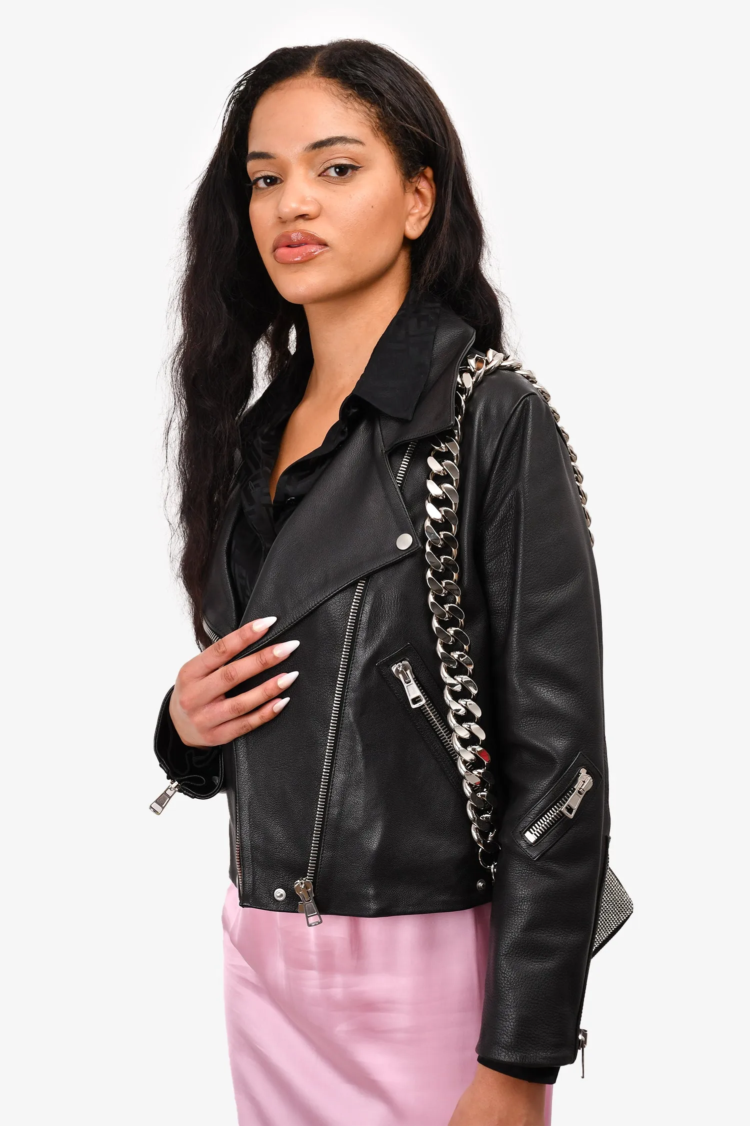 Acne Studios Black Leather Zip Detail Biker Jacket Size 38