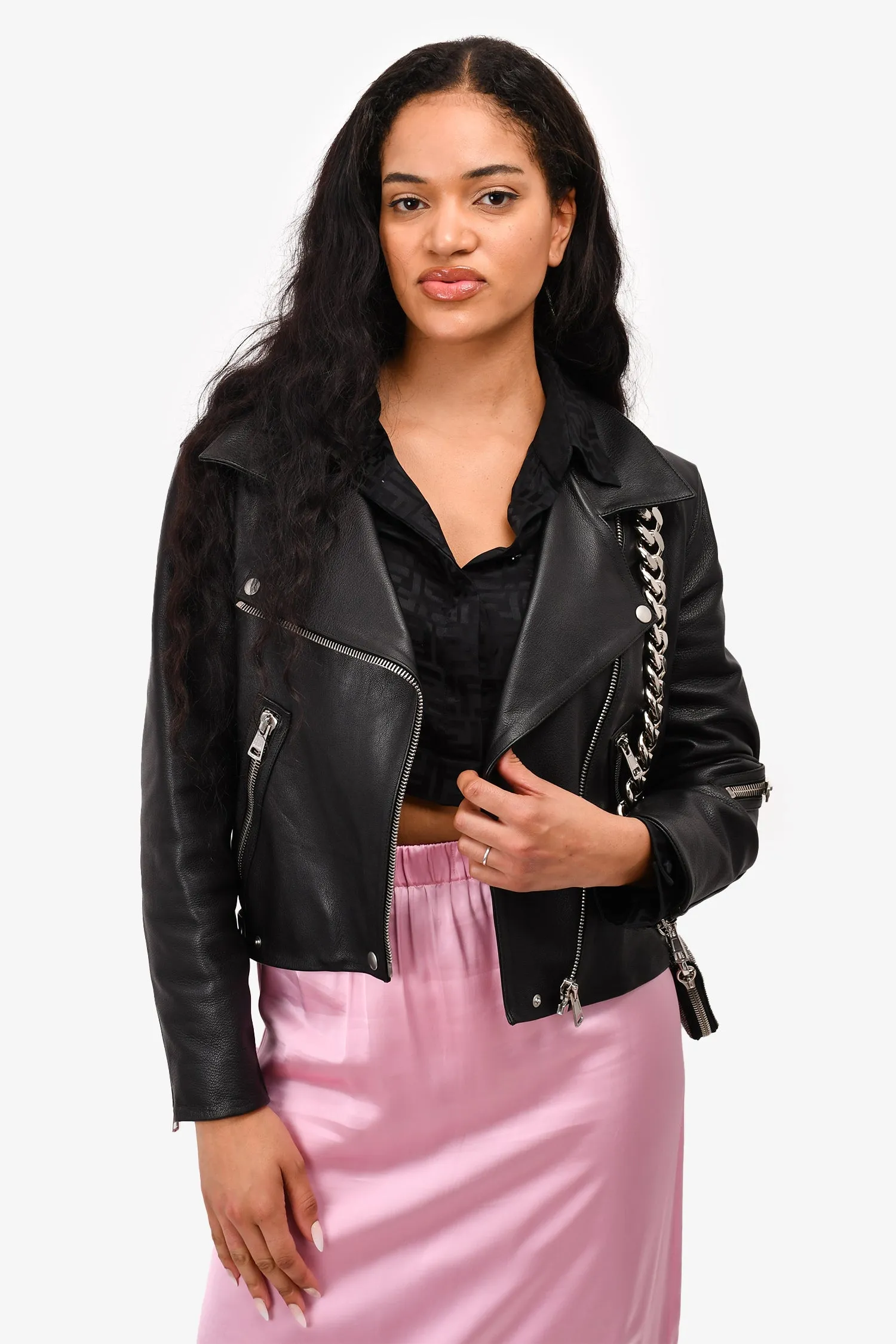 Acne Studios Black Leather Zip Detail Biker Jacket Size 38