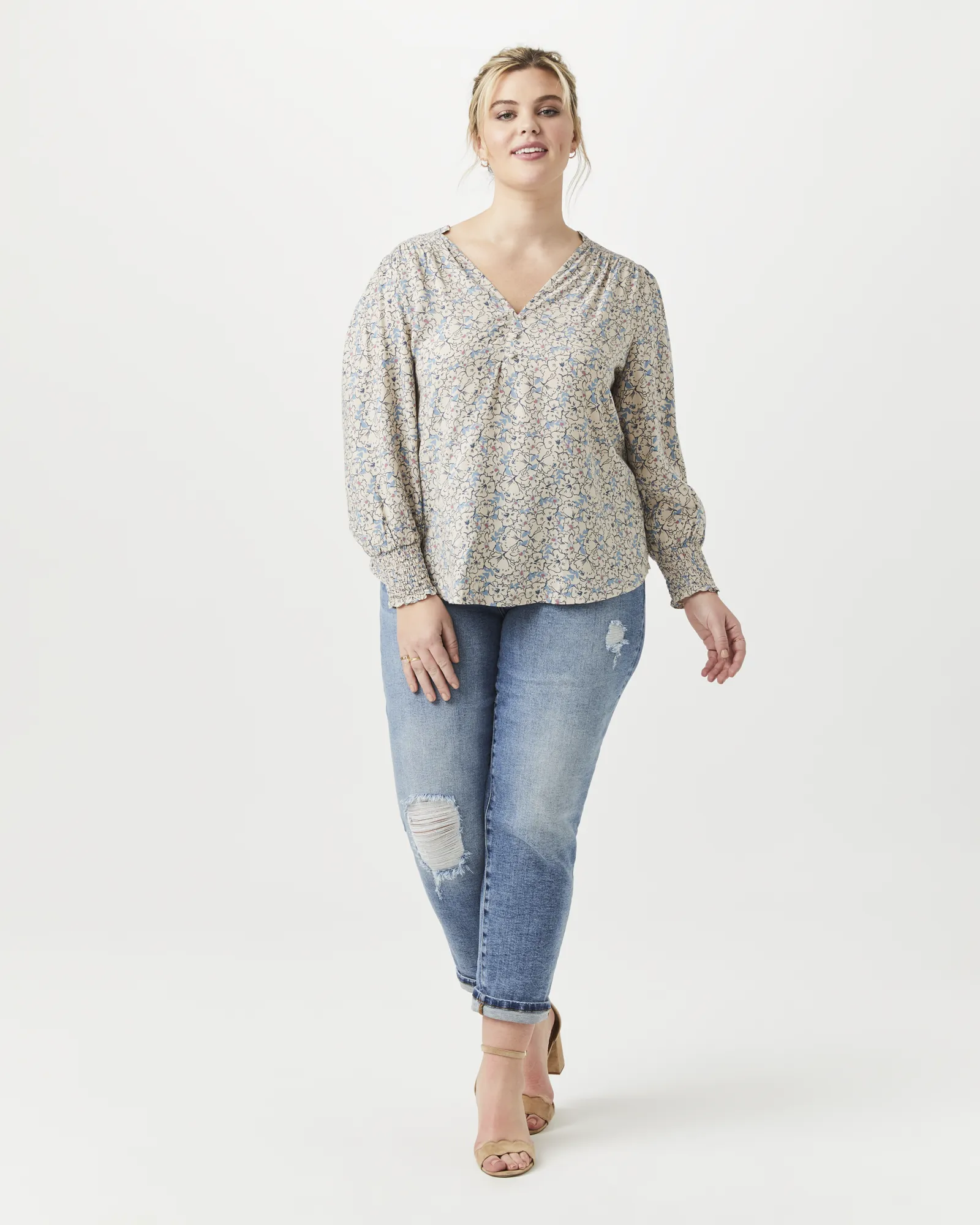 Adaline V-Neck Blouse | Tan / Azure Blue