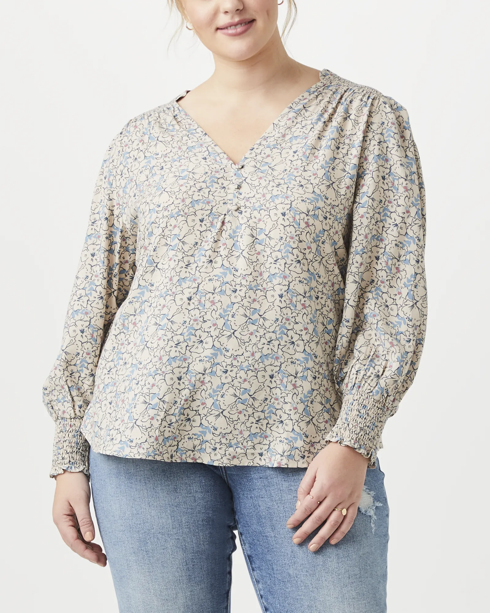 Adaline V-Neck Blouse | Tan / Azure Blue