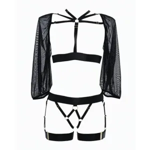 Adore 'Ibiza Babe' Strappy Open Front Bodice with Mesh Sleeves & Open Gartered Panty