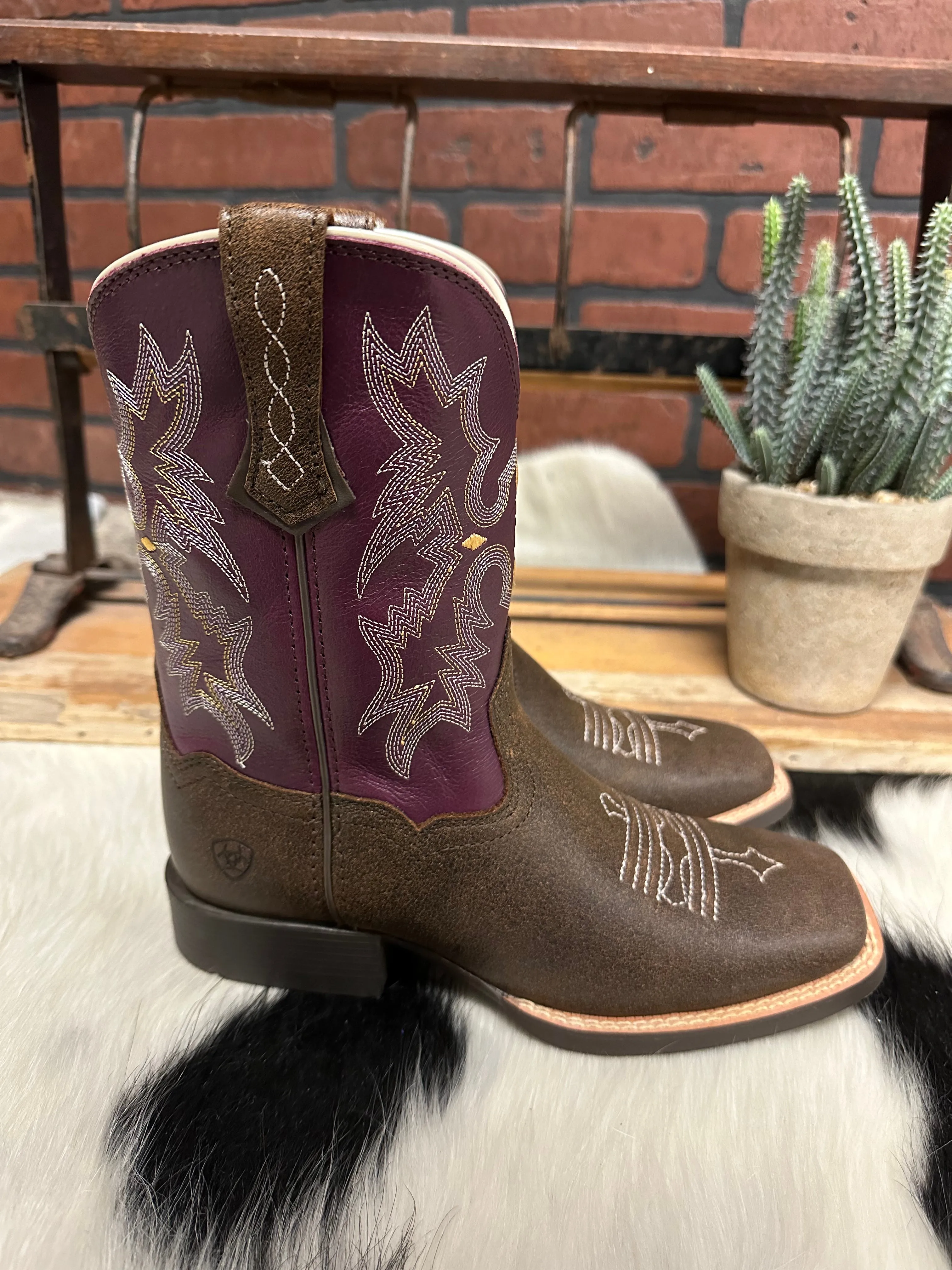 Ariat Children's/Youth Tombstone Brown/Purple Square Toe Western Cowboy Boot 10015390