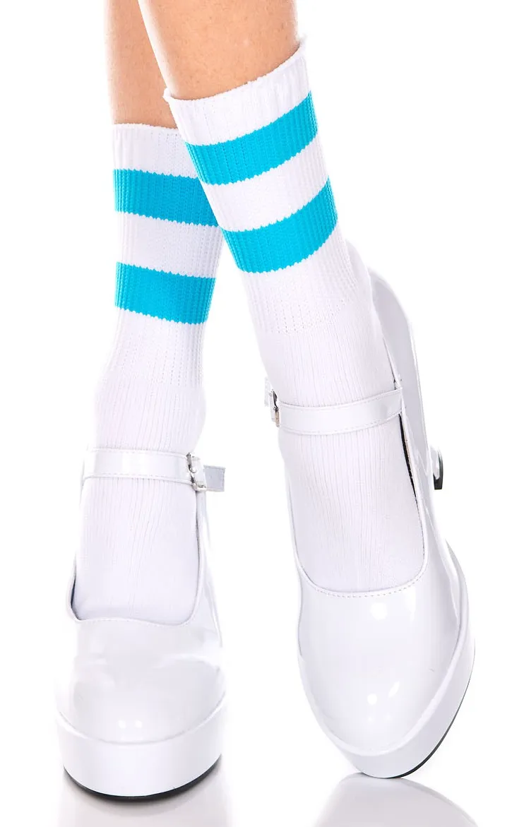 ATHLETIC STRIPE CREW SOCKS WHITE/NEON BLUE