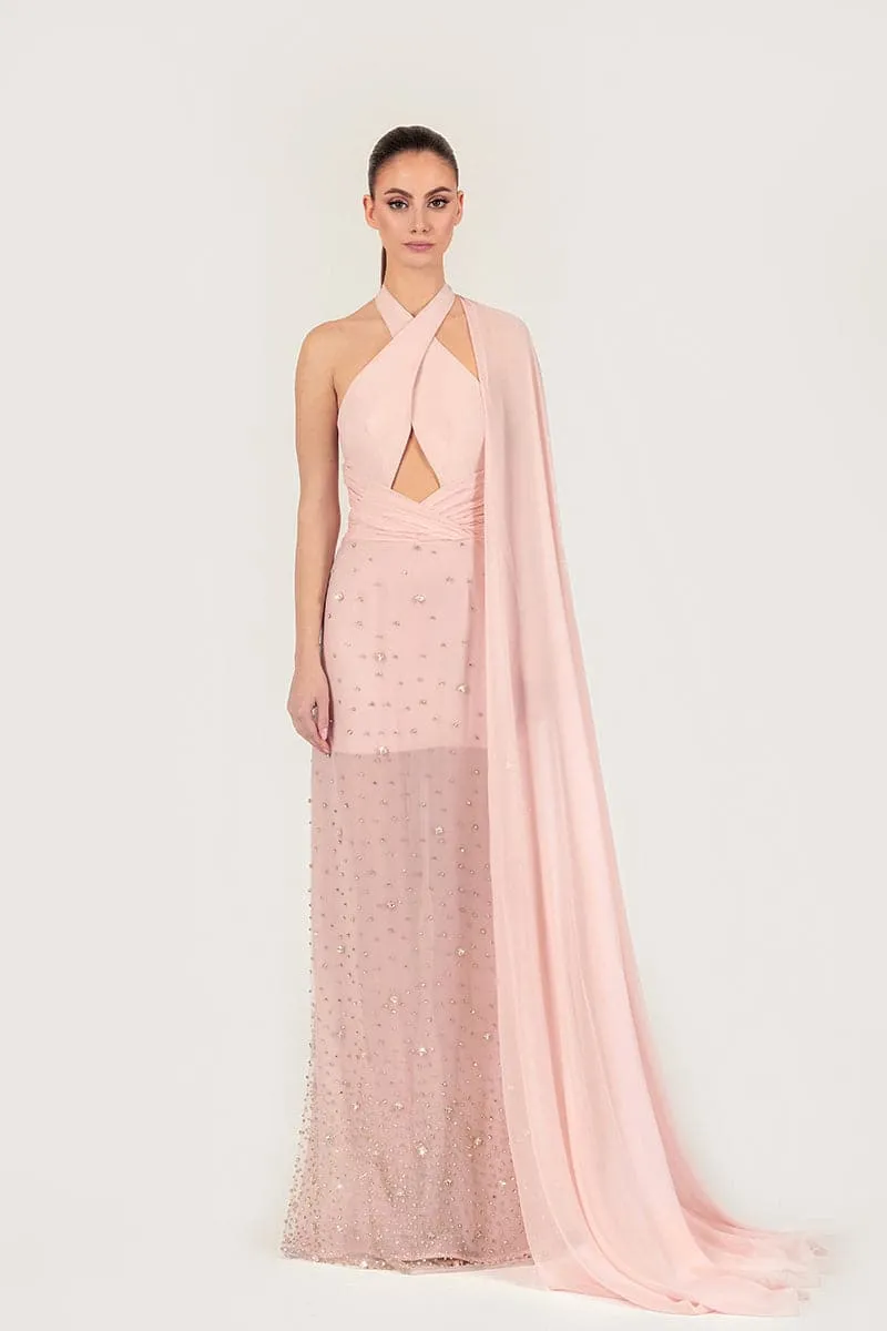 BABY PINK CRYSTAL-EMBELLISHED SILK GOWN