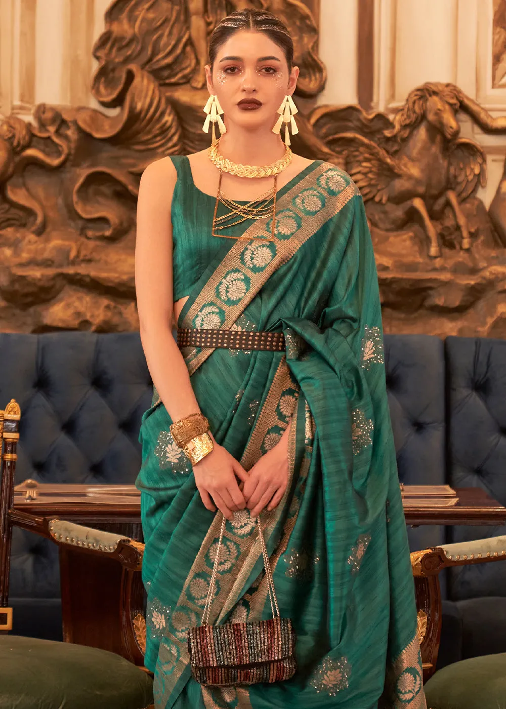 Castleton Green Woven Tussar Silk Saree with Sequins Work