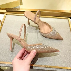 DEANWANGK  Mesh Fashion Elegant Slingback Muller High Heels Pumps  Summer Hollow Women's Sandals Rhinestone Two-Way Fashion Shoes