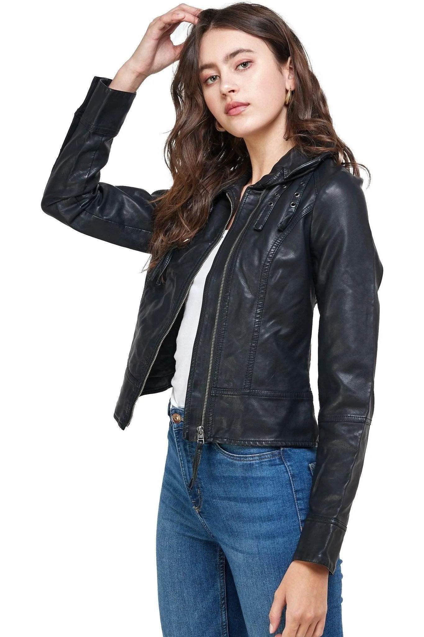 Double Buckle High Neck Vegan Leather Biker Jacket