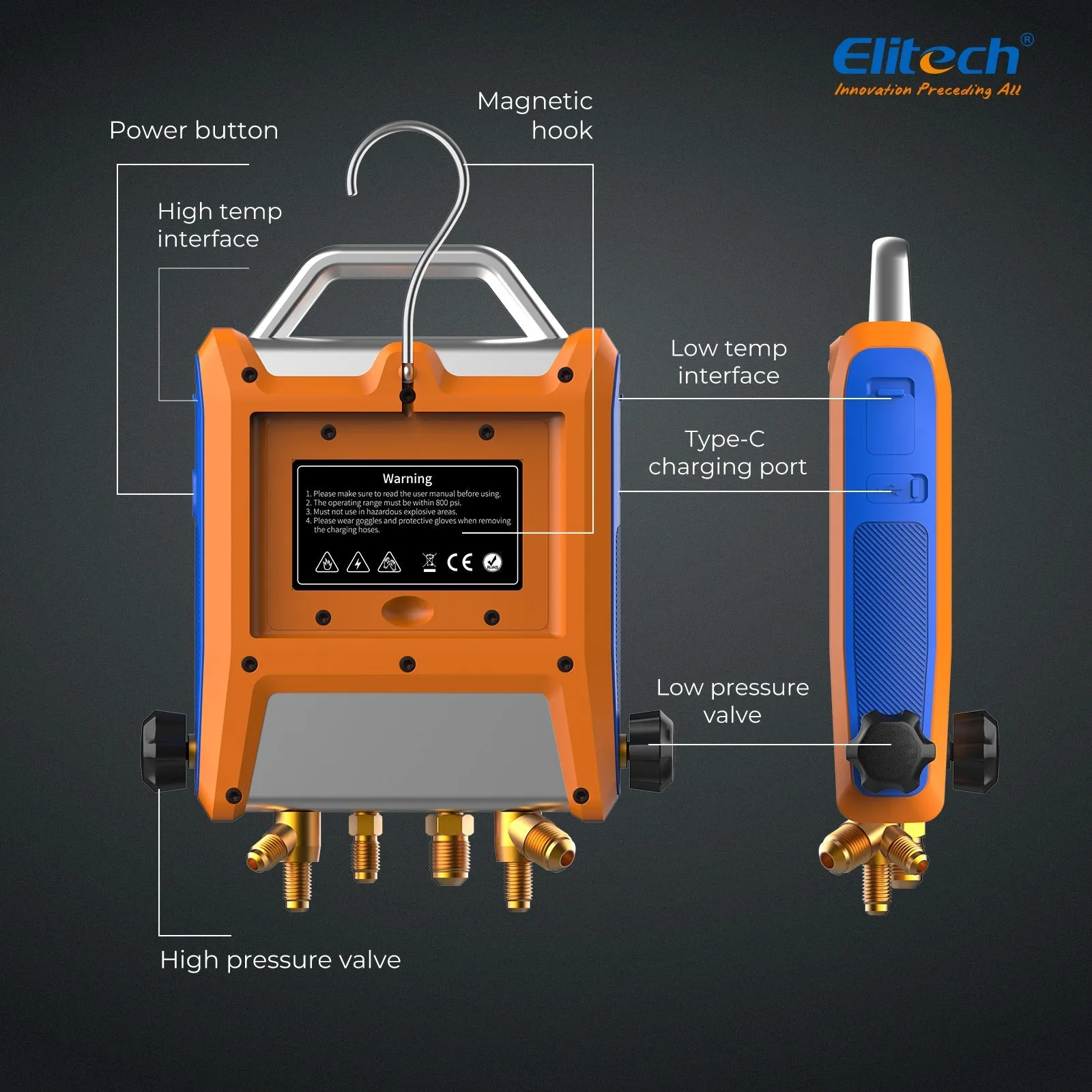 Elitech EMG-40V Intelligent HVAC Digital Manifold Gauge 4-Way Valve with Micron Gauge Transmitter