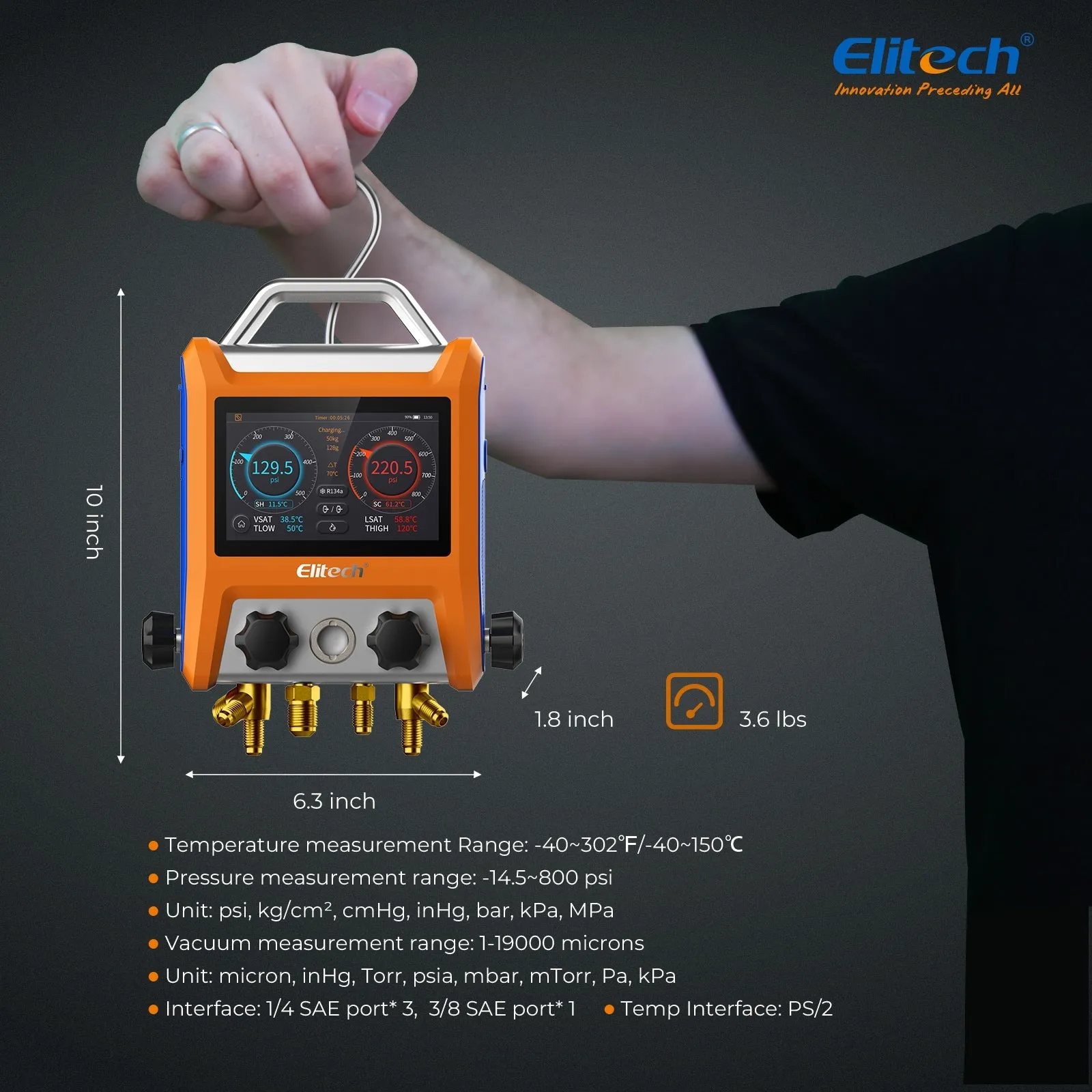 Elitech EMG-40V Intelligent HVAC Digital Manifold Gauge 4-Way Valve with Micron Gauge Transmitter