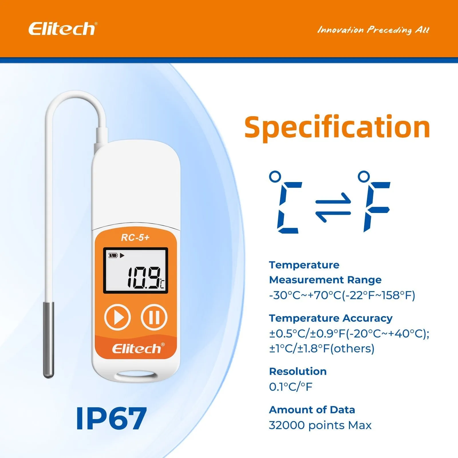 Elitech RC-5  TE PDF USB Reusable Temperature Data Logger Internal Sensor External Probe -22℉~158℉