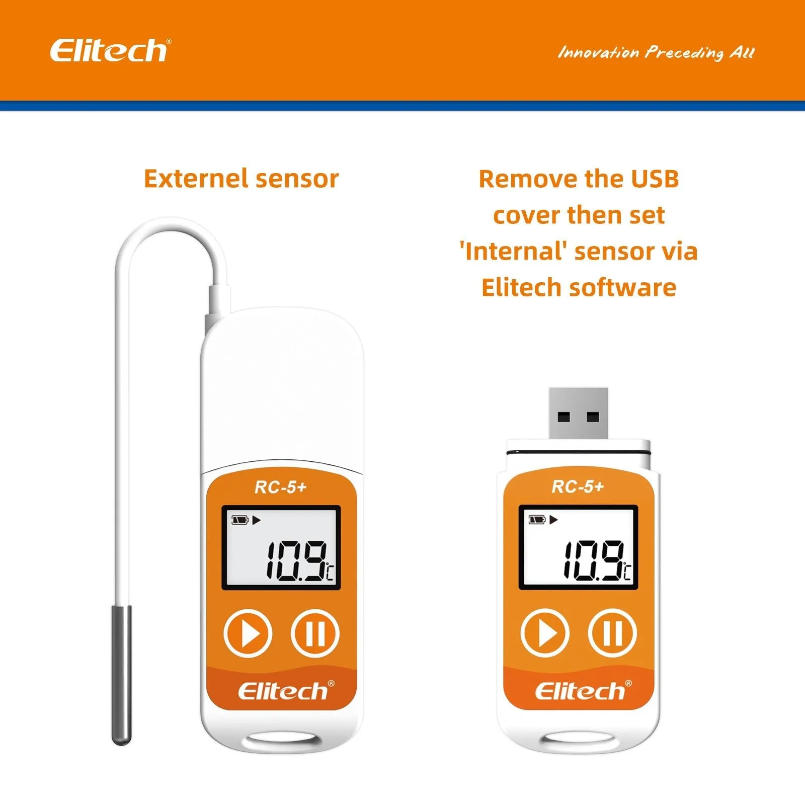 Elitech RC-5  TE PDF USB Reusable Temperature Data Logger Internal Sensor External Probe -22℉~158℉