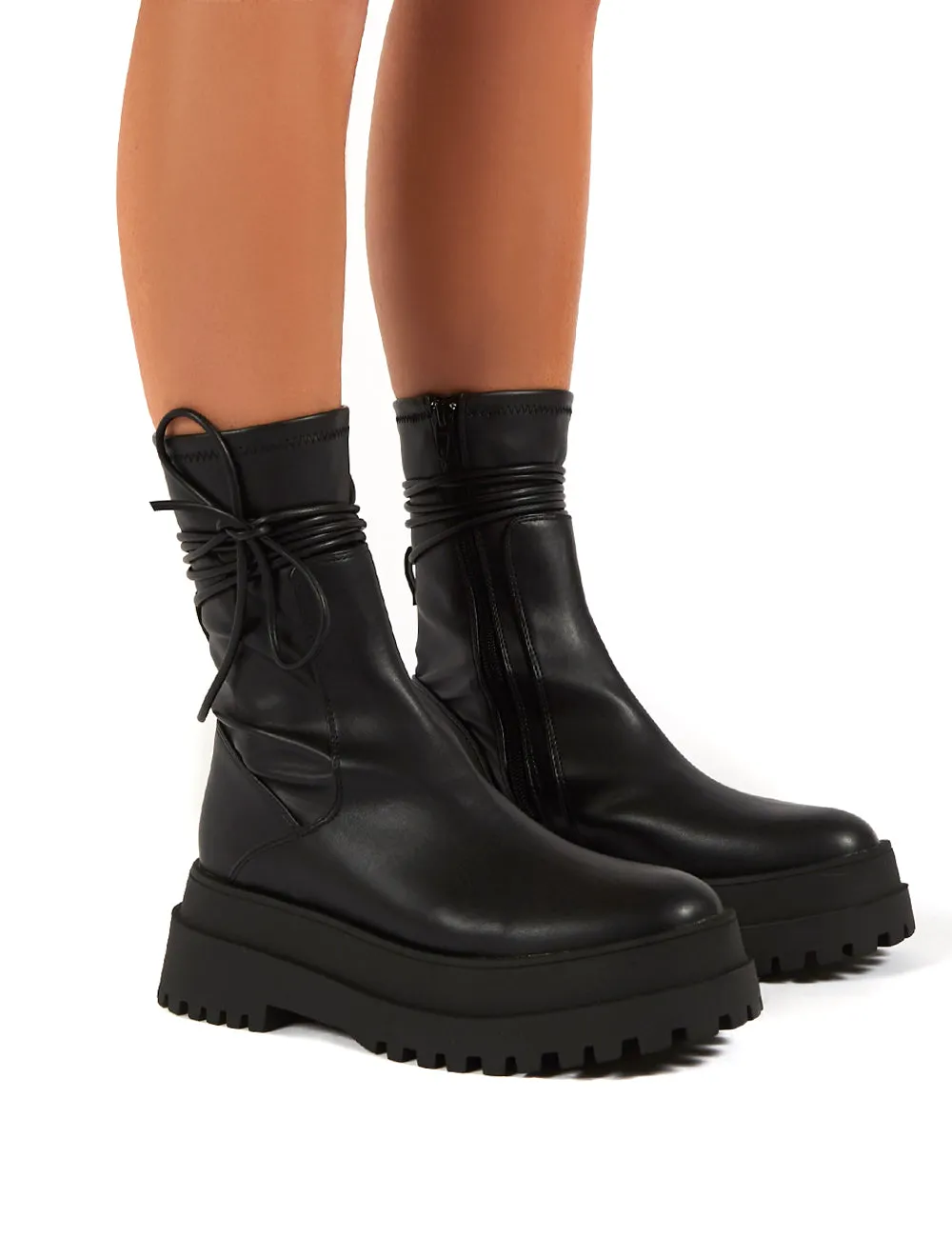 Finale Black Platform Chunky Sole Ankle Wrap Boots