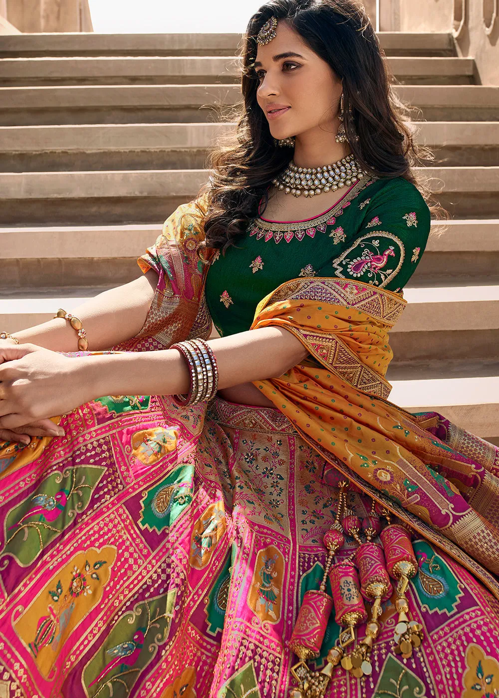 Green & Pink Heavy Embroidery Banarasi Silk lehenga Choli