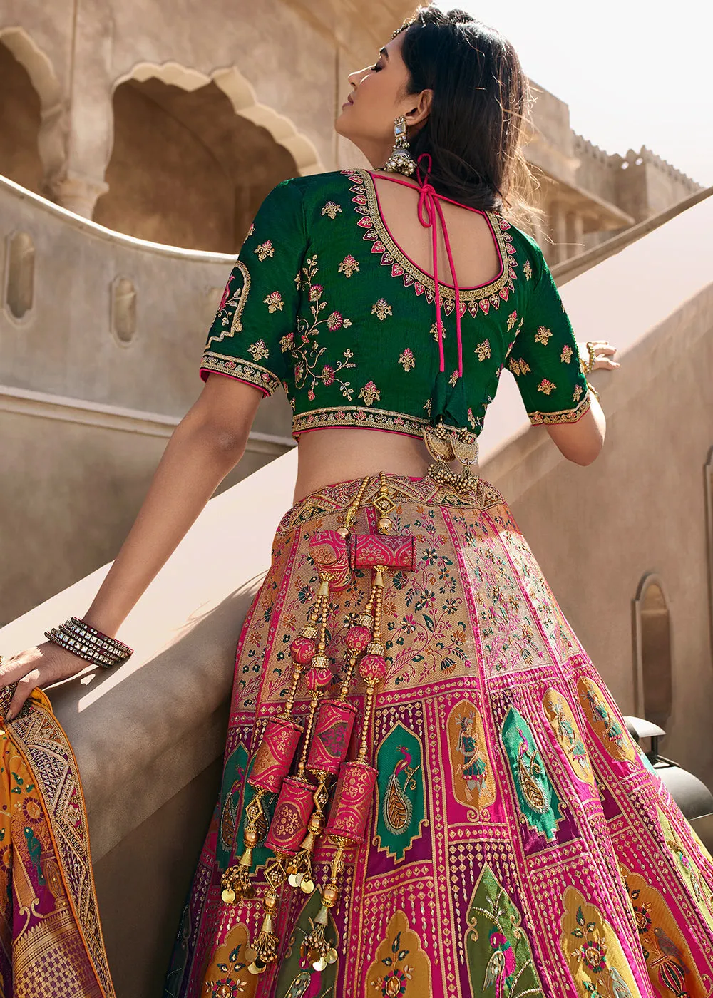 Green & Pink Heavy Embroidery Banarasi Silk lehenga Choli