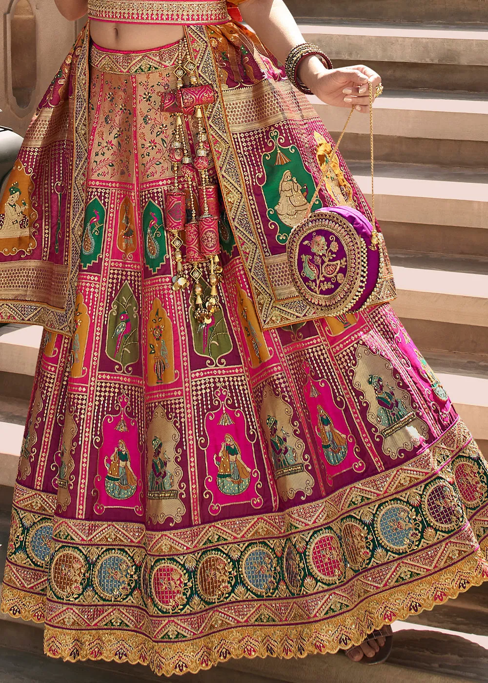 Green & Pink Heavy Embroidery Banarasi Silk lehenga Choli