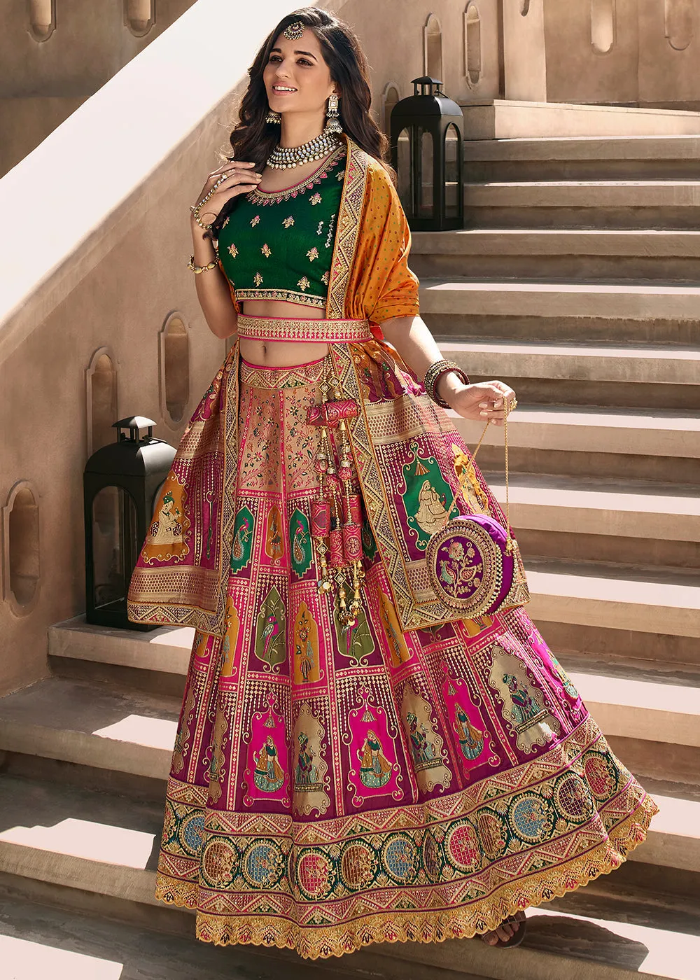 Green & Pink Heavy Embroidery Banarasi Silk lehenga Choli