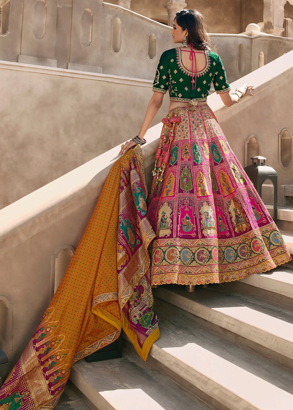 Green & Pink Heavy Embroidery Banarasi Silk lehenga Choli