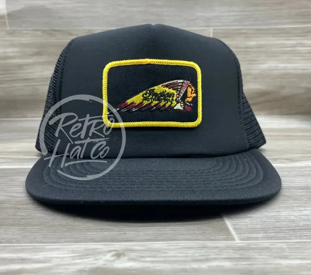 Indian Motorcycle (Gold Edge Rectangle) on Black Meshback Trucker Hat