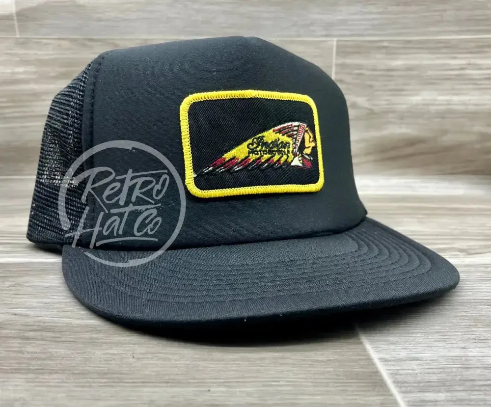 Indian Motorcycle (Gold Edge Rectangle) on Black Meshback Trucker Hat