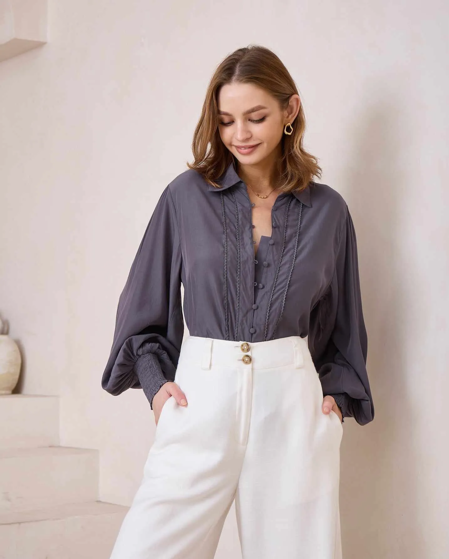 Iris Maxi Maya Bohemian Blouse with Collar - Slate