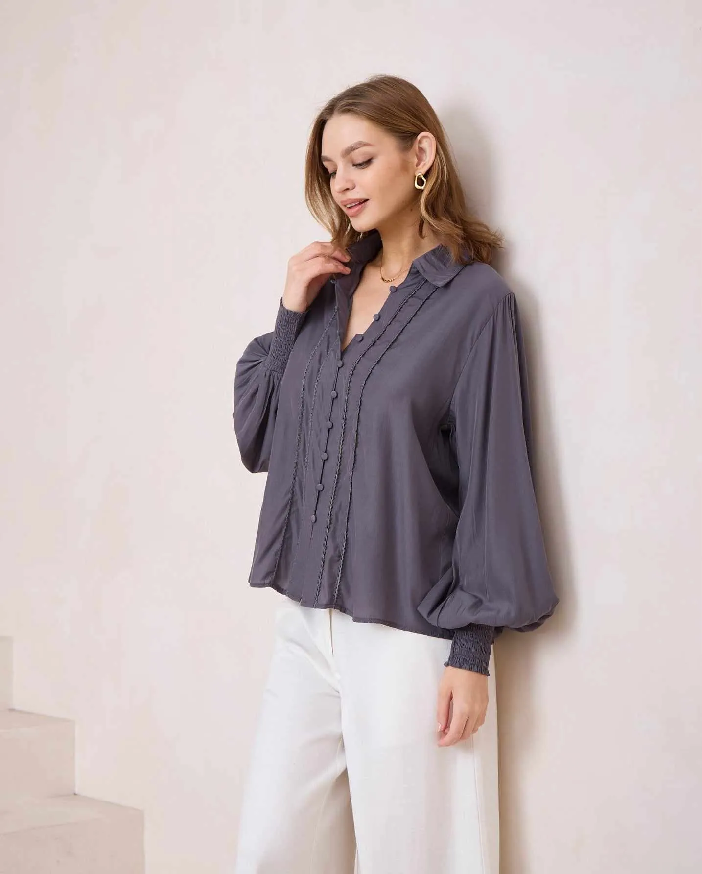 Iris Maxi Maya Bohemian Blouse with Collar - Slate