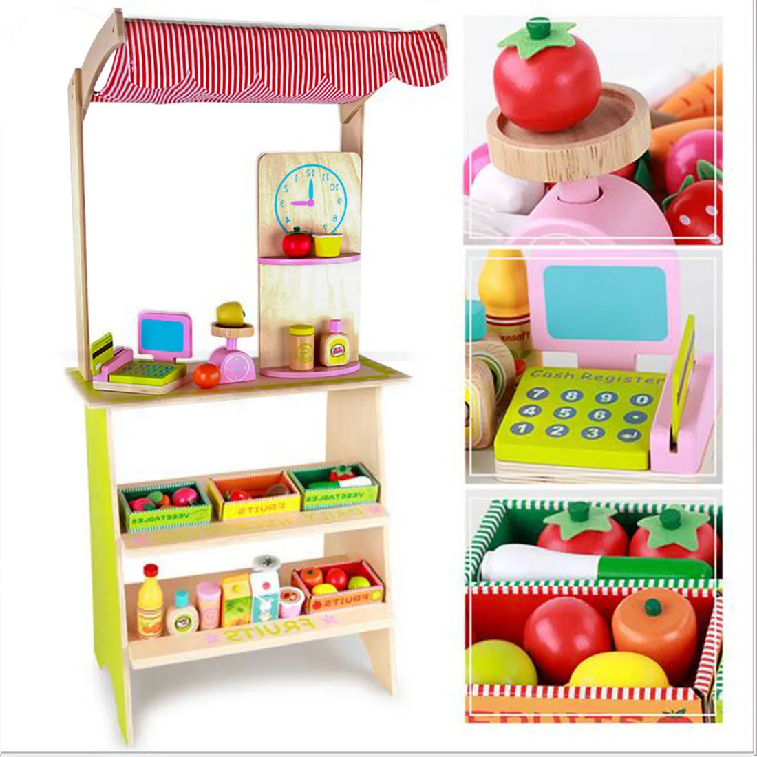 Kids Wooden Toy Pretend Play Marketplace Stand Fruit Veg Shop Stall Supermarket