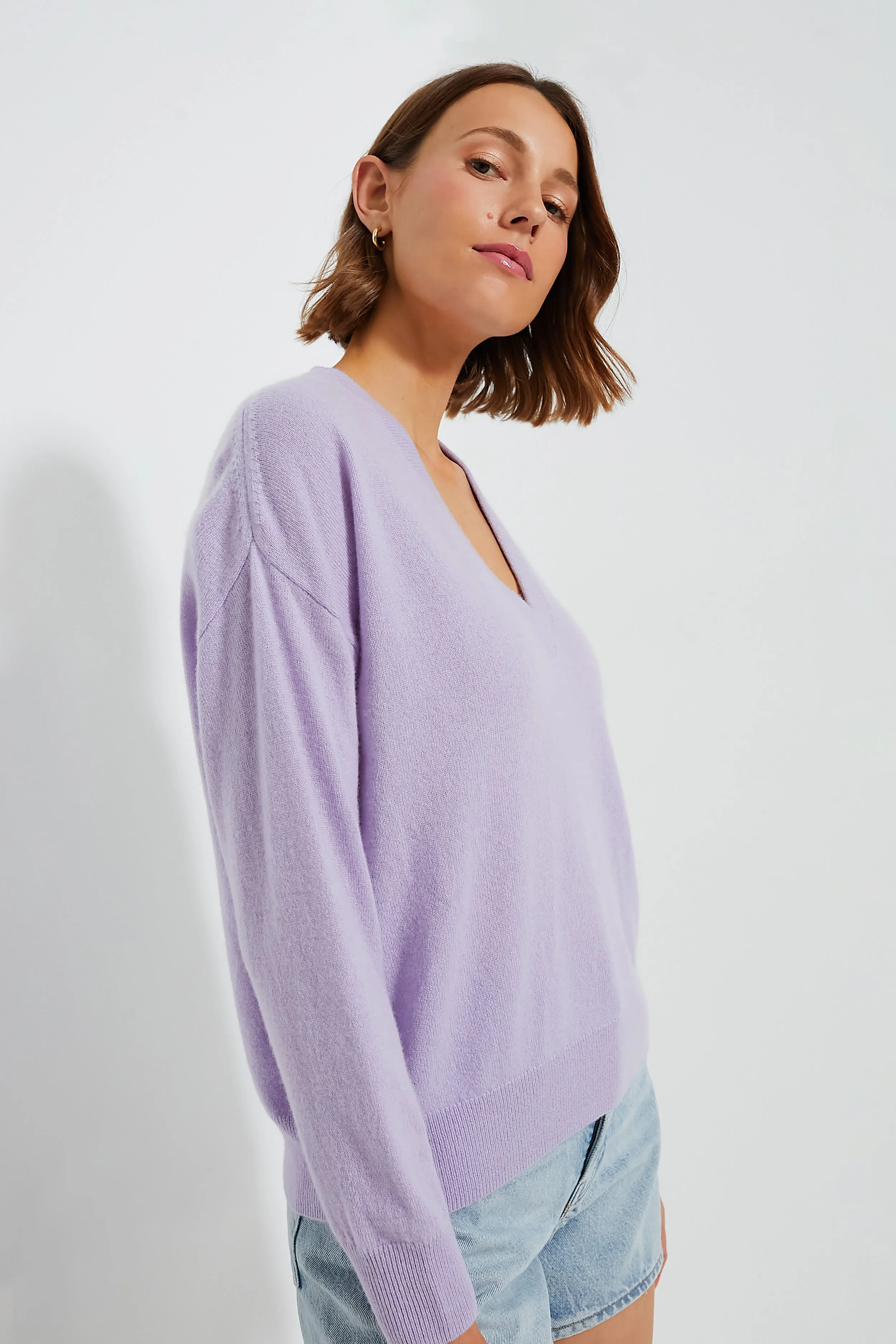 Lilac Cashmere Emma V-Neck Boyfriend Sweater