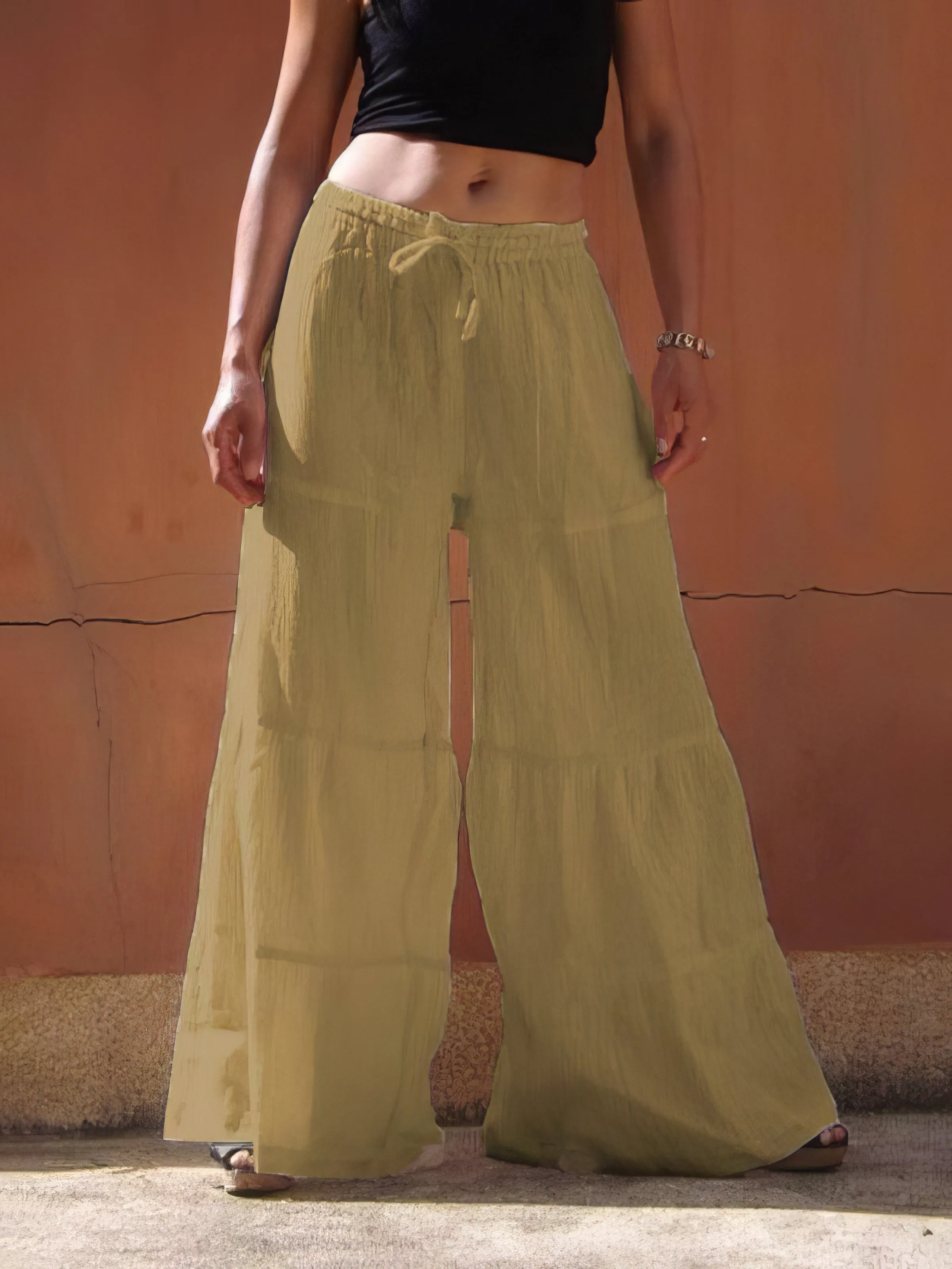 Loose Solid Elastic Waist Plus Size Wide Leg Pants for Women