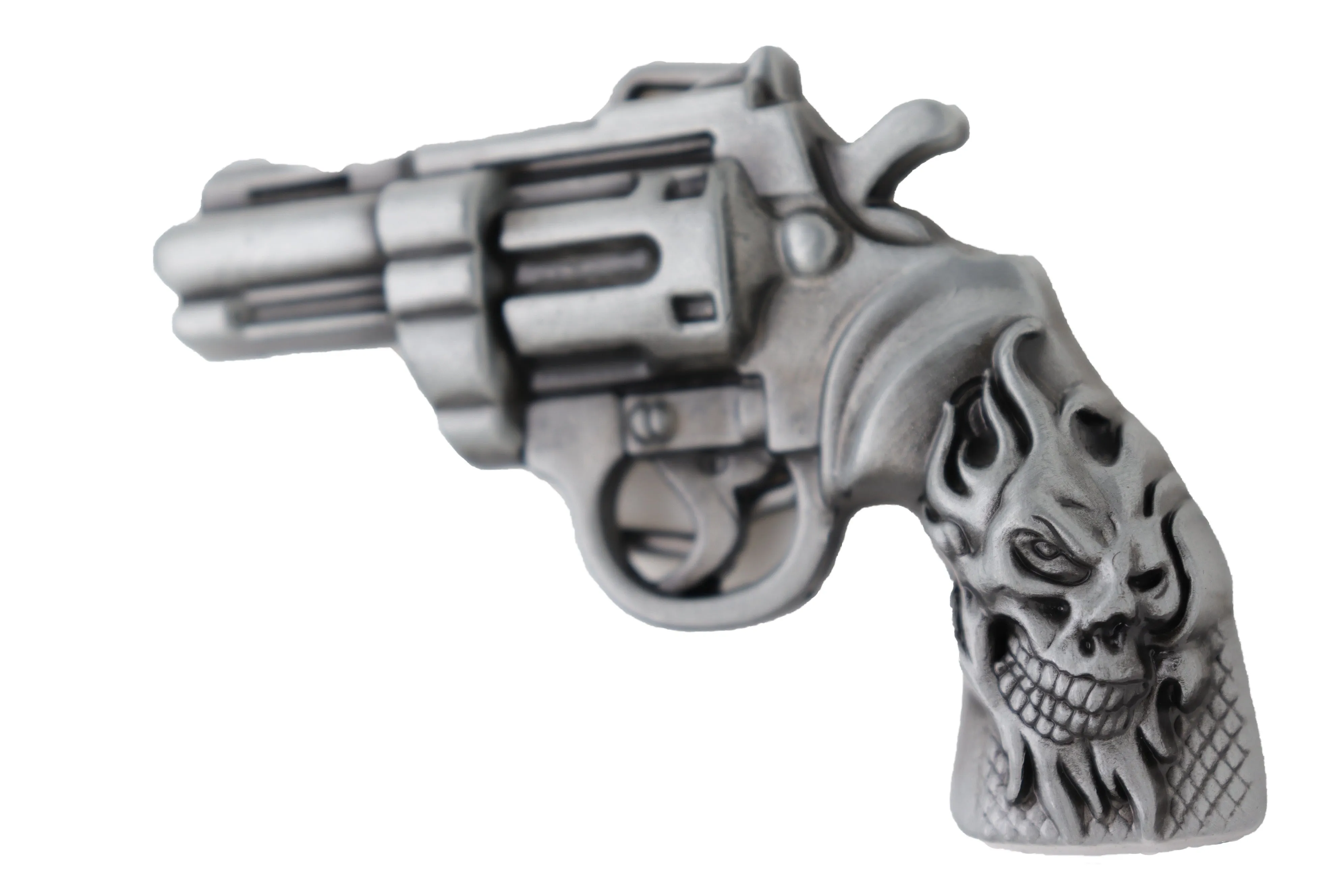 Men Silver Metal Western Fashion Belt Buckle Revolver Gun Flaming Skull Weapon