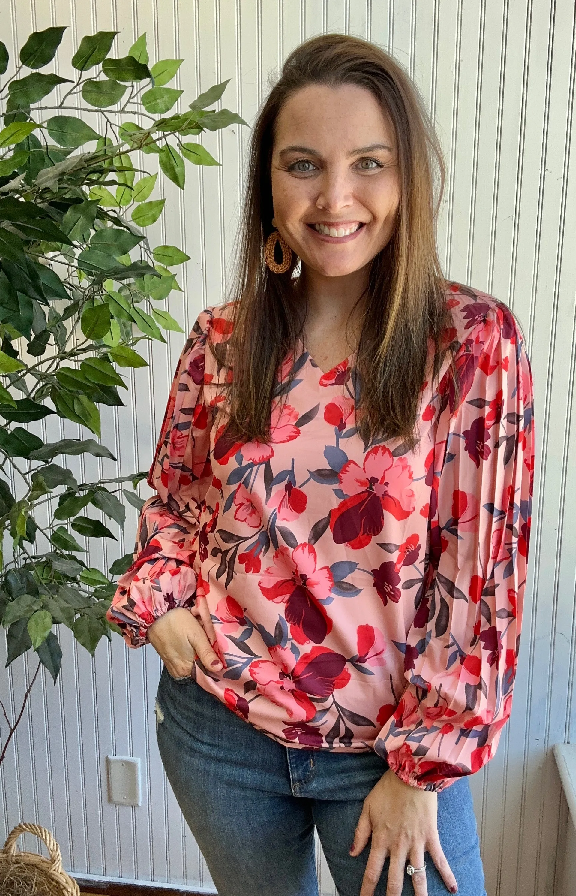 Pink Floral V-neck Long Sleeve Blouse