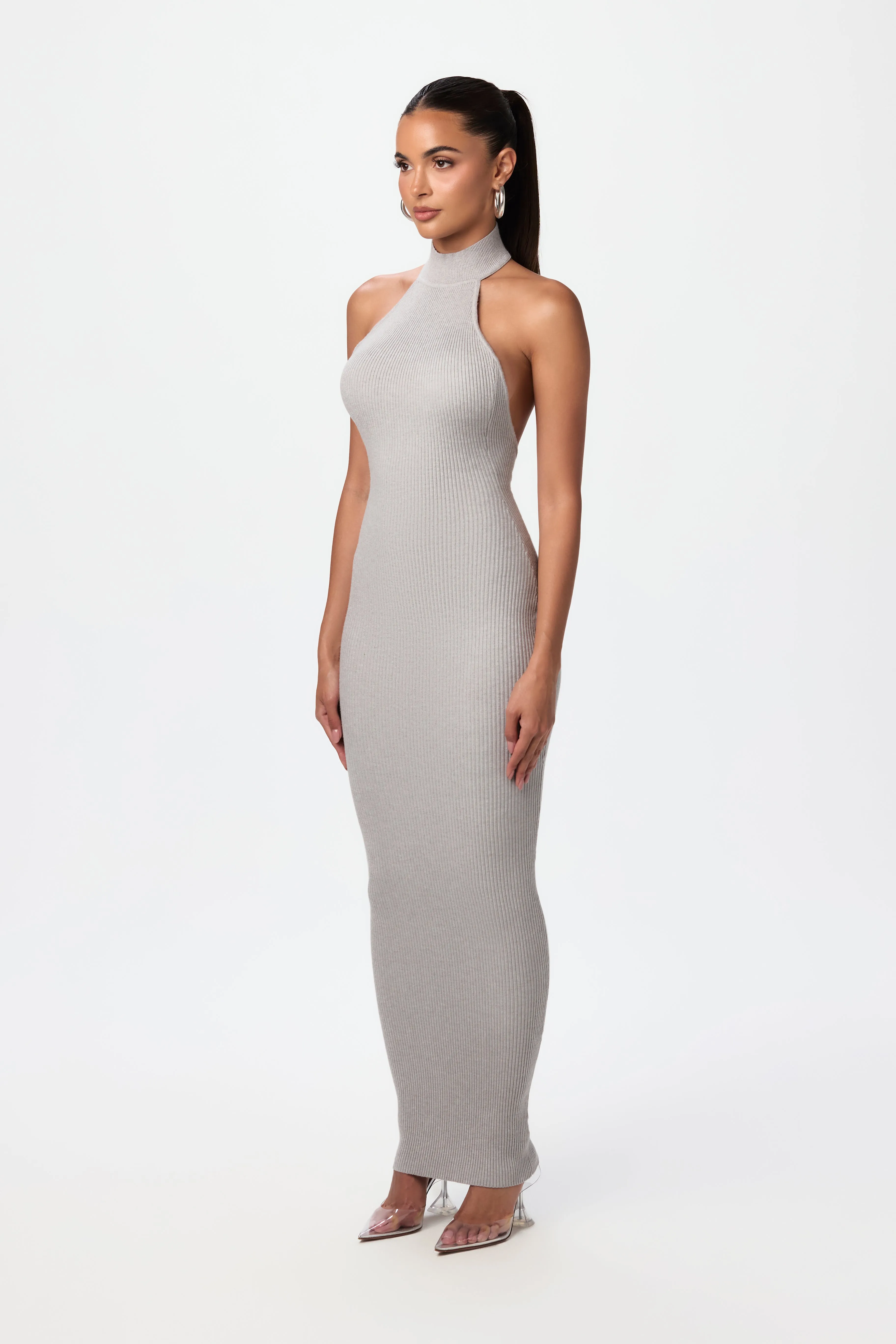 Ribbed Halter Open Back Maxi Dress