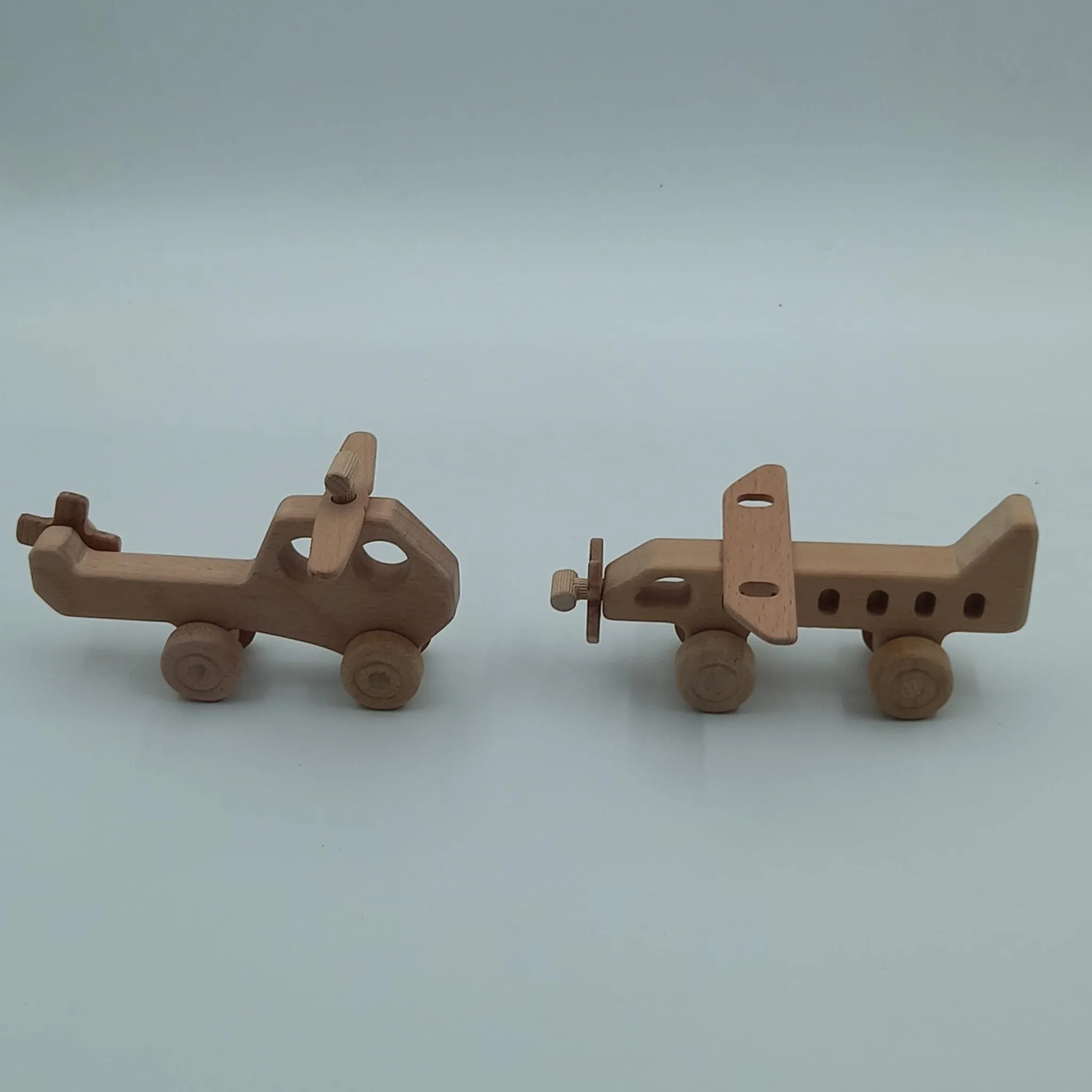 Set of 2 Wooden Helicopter and Airplane Push Toy Wood Natural Toddler Toy Gift For Kids Eco Friendly Toy