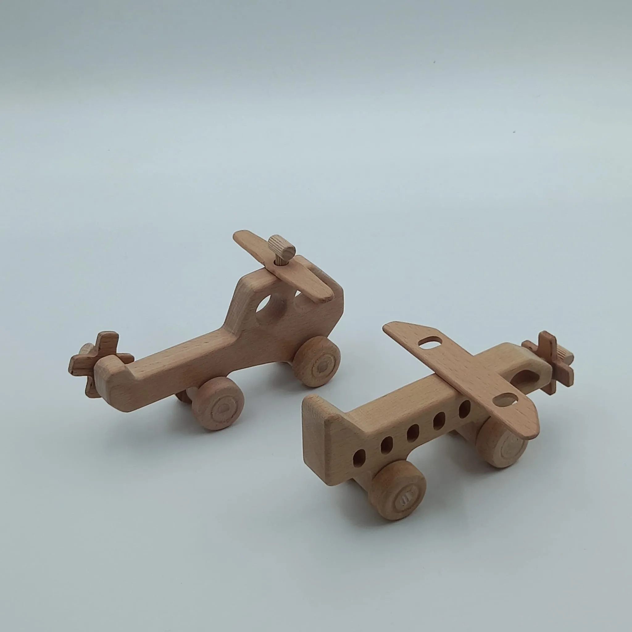 Set of 2 Wooden Helicopter and Airplane Push Toy Wood Natural Toddler Toy Gift For Kids Eco Friendly Toy