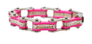 Two Tone Silver and Pink Bike Chain Bracelet with White Crystal Centers