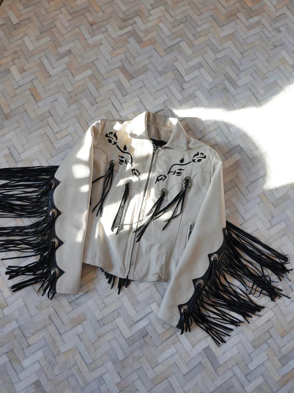 Vintage Bone White Leather Western Fringe Jacket