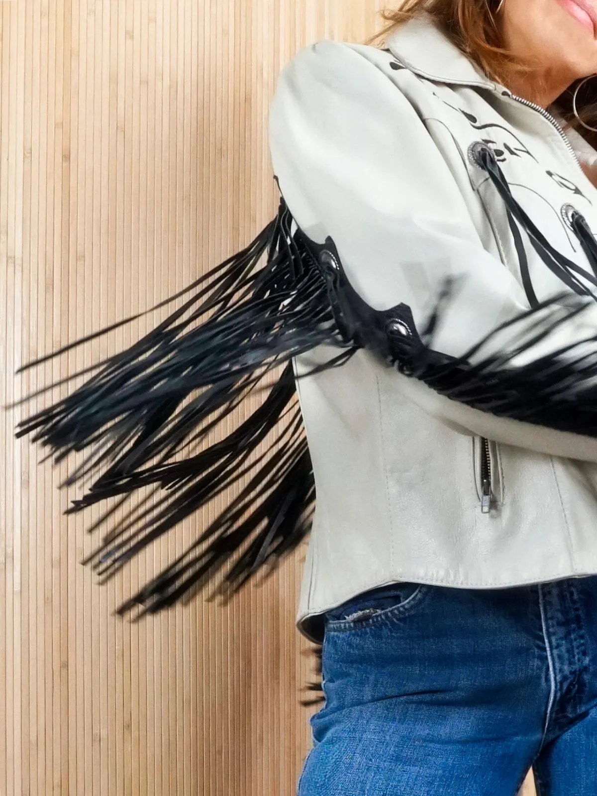 Vintage Bone White Leather Western Fringe Jacket