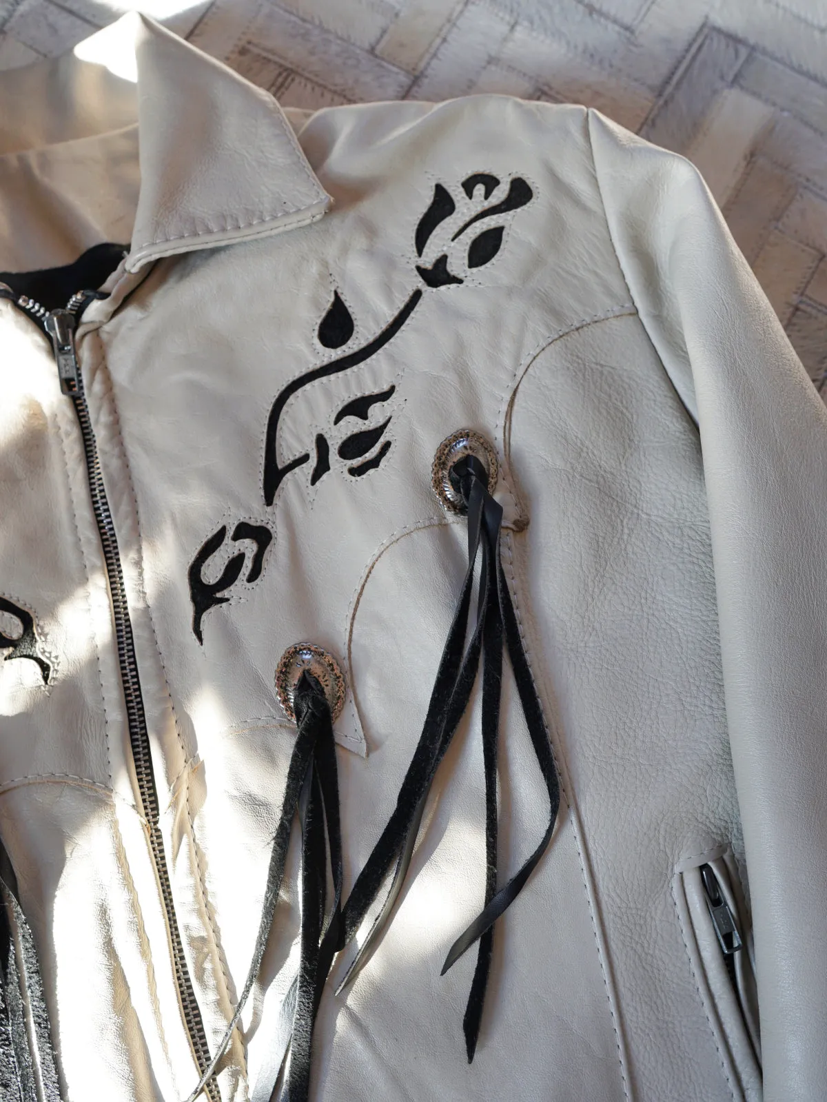 Vintage Bone White Leather Western Fringe Jacket