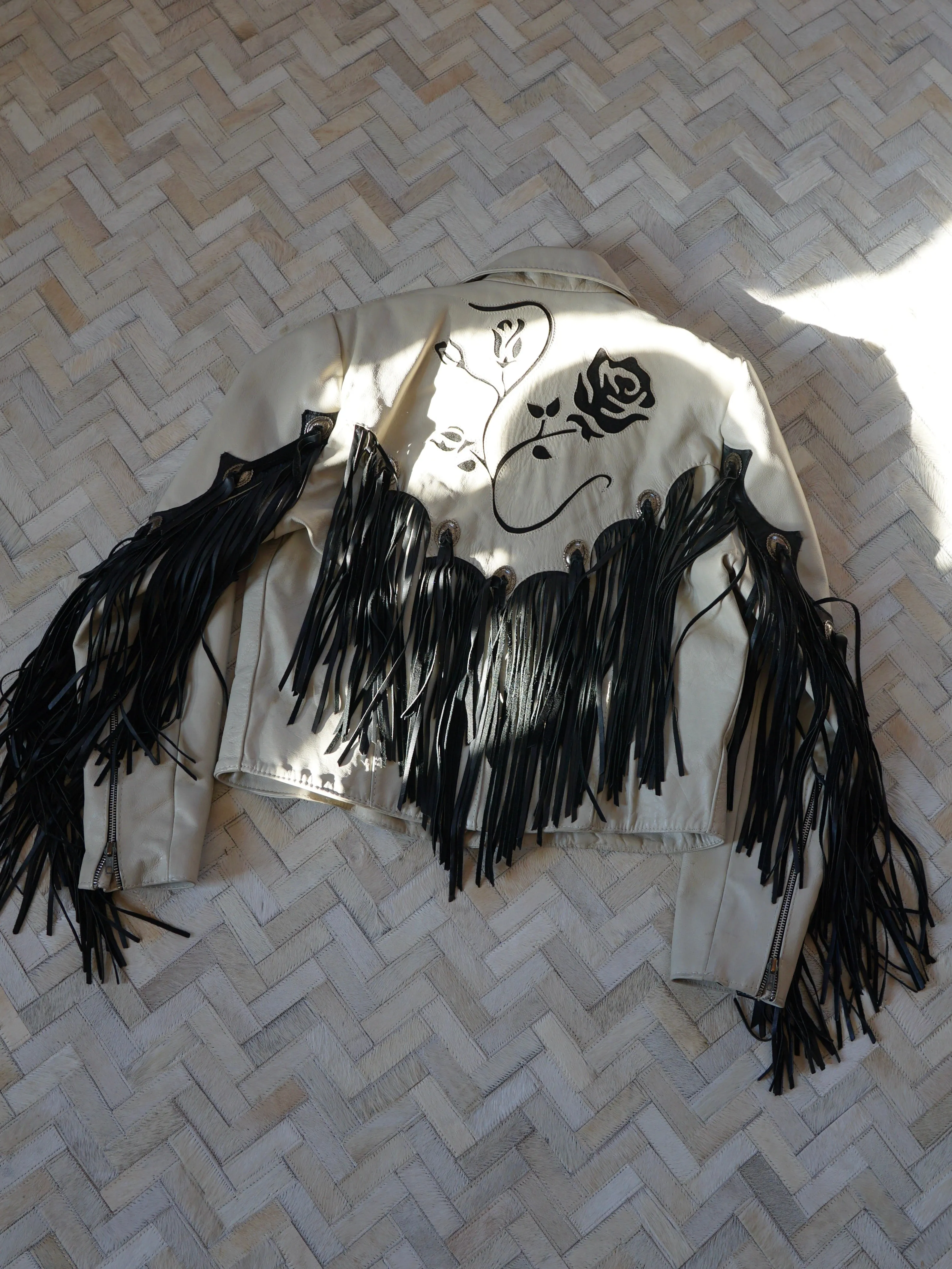 Vintage Bone White Leather Western Fringe Jacket