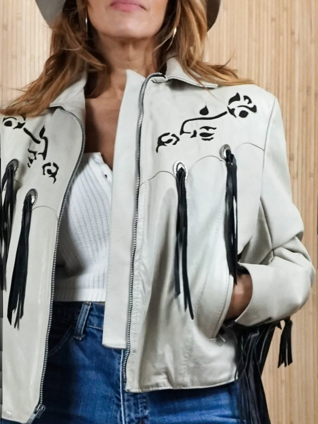 Vintage Bone White Leather Western Fringe Jacket