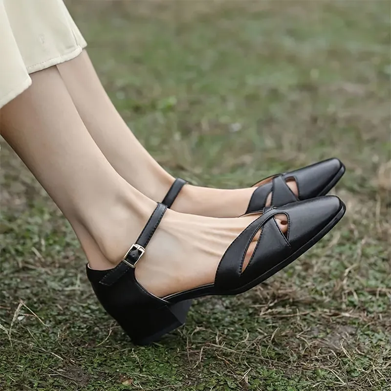 Women's Ankle Strap Block Low Heels Solid Color Square Toe Sandals