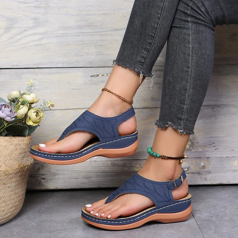 Women's Wedge Flip Flops Sandals Rome Style Solid Color Open Toe Buckle Strap Non-slip Shoes